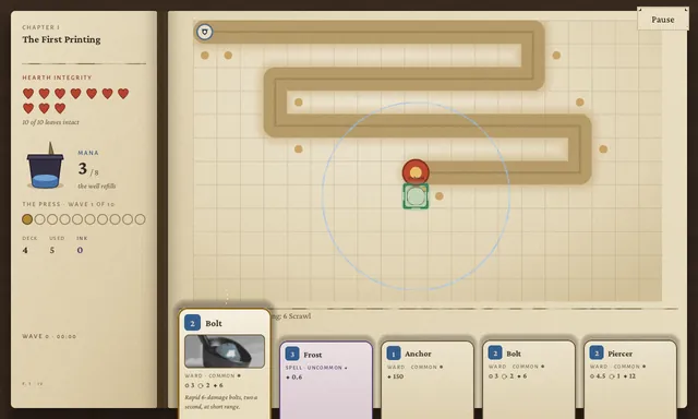 Placement in progress: a card is armed in hand and the legal tiles beside the path are lit for confirmation.