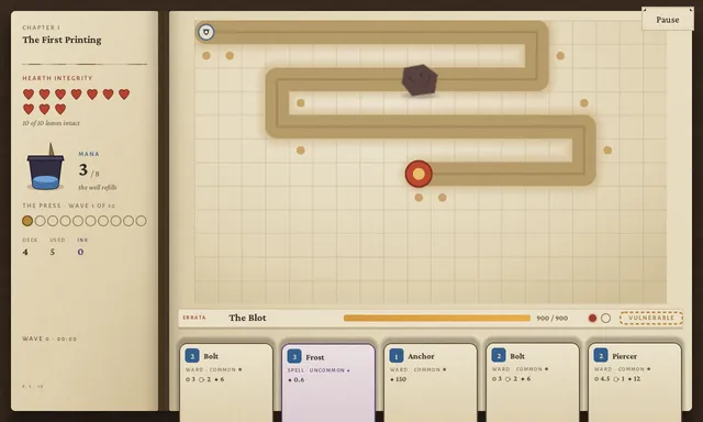 Boss fight: the Errata bar reads The Blot, 900 of 900 HP, marked VULNERABLE, with a dark blot spread across the path.