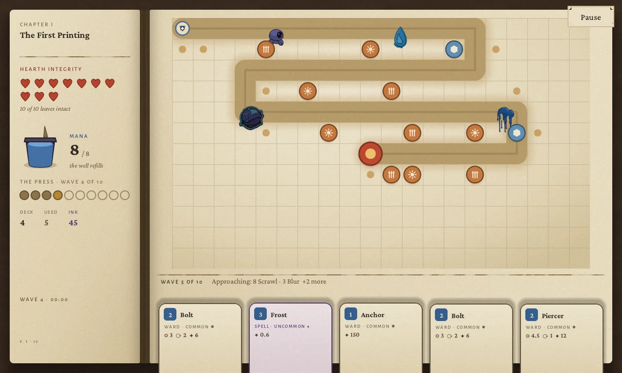 Gameplay: a built-up board of twelve wards on a folded path with several Misprints of different silhouettes marching it.