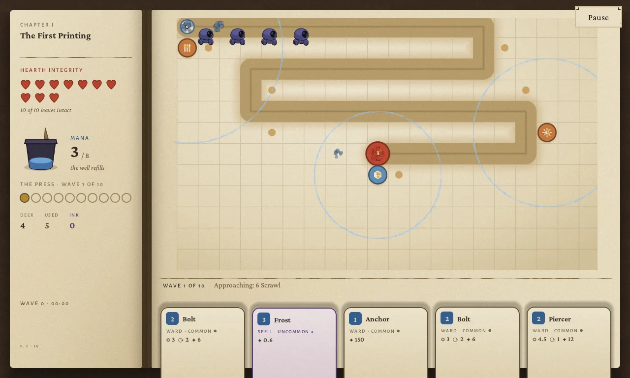 Project Deck gameplay: wards firing on a swarm of Misprints marching a folded path, HUD with Hearth integrity, Mana, Ink and a hand of five cards.