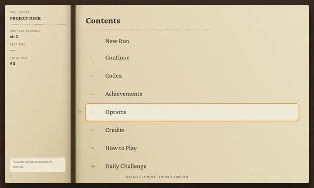 The grimoire Contents page: New Run, Continue, Codex, Achievements, Options, Credits, How to Play and Daily Challenge, with the ledger showing chapter reached and total Ash.