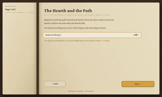 How to Play spreads explaining the Hearth and the path, placing Wards, starting the wave, the card types and the ledger.