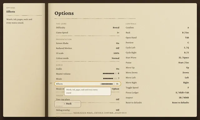 Options screen: difficulty, game speed, screen shake, reduced motion, UI scale, colour mode, audio volumes and the full controller mapping.