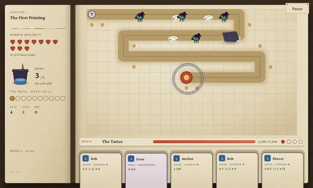 The Tatter boss staging: a four-phase Errata with 2200 HP and a hazard telegraph ring at the Hearth.