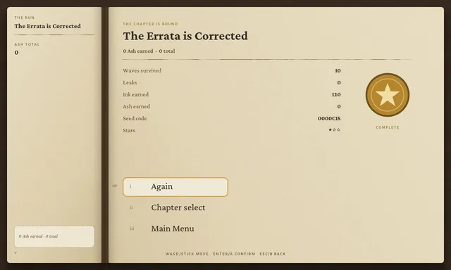 Victory screen: the chapter is bound, with star rating, run stats and the seven-character seed code.